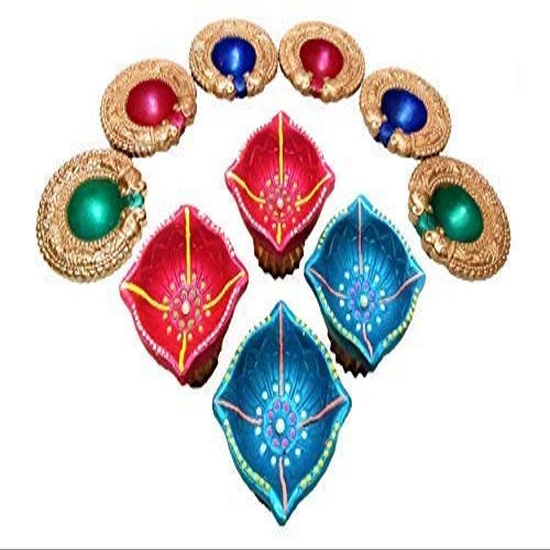 phareLamp Presents Earthen Clay Diya for Diwali Puja, Traditional Handmade Designer Large Diyas/Oil Lamps for Festival & Home Decoration, Multicolour (Set of 10) #Sr-775#Aport-775