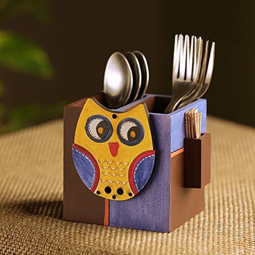 Frienemy Presents Wood 'Owl Motif' Spoon Toothpick Stand Holder with Cutlery Racks, Color: Holder: Brown and Blue, Owl Motif: Yellow #Frienemy-131