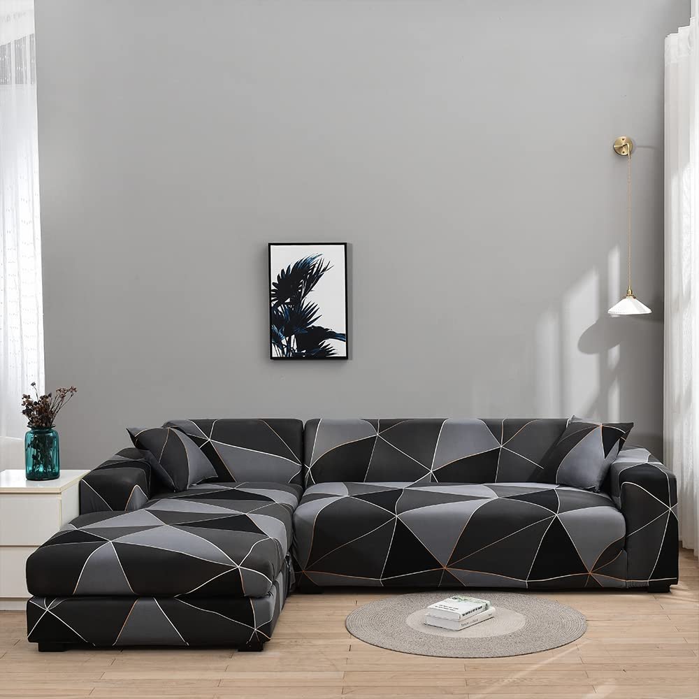 LiveGo L Shape Sofa Cover Sectional Couch Slipcover 2 Piece Stretchy Elastic 3 Seater Chaise Sofa Furniture Protector Slip Covers with 4pcs Pillowcases for Living Room Pets Kids (Black1)