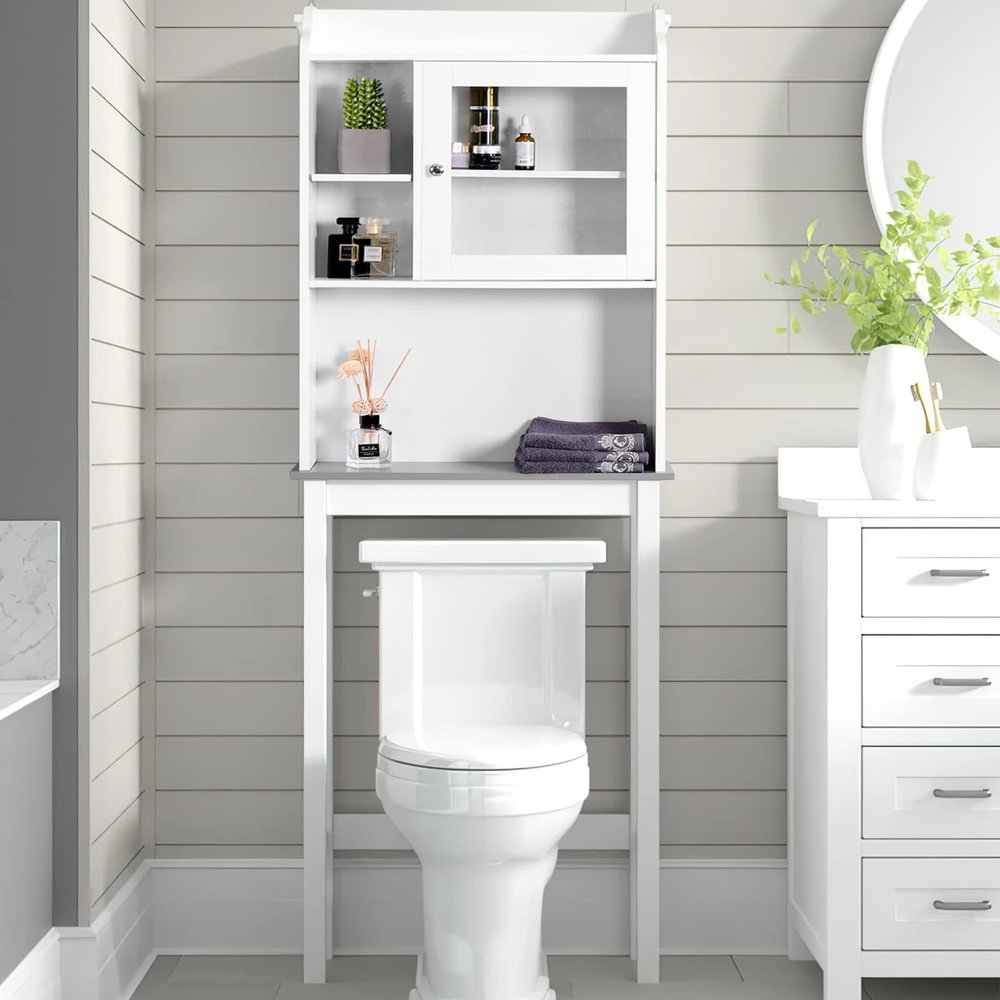 VERYKE Over The Toilet Storage Cabinet Space-Saving Toilet Shelf 3-Tier Bathroom Freestanding Cabinet with Adjustable Shelves and Glass Door for Small Places(White)