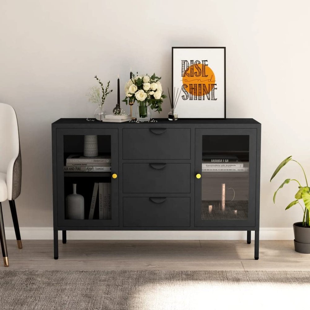 FAMIROSA Steel Sideboard, Metal Storage Cabinets with 3 Drawers and 2 Adjustable Shelves, Sideboard Cabinet Storage for Home Organizer 41.3"x13.8"x27.6" Steel and Tempered Glass Anthracite
