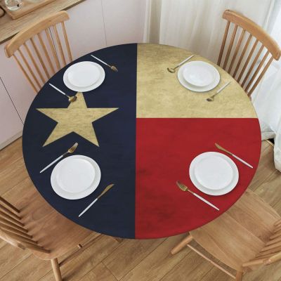 Ykklima Elastic Edged Round Fitted Table Cover - Texas Lone Star State Flag Pattern - Tablecloth Waterproof - Fits Table up 40" - 44" Diameter