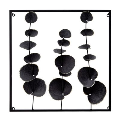 Benjara Wall Decor with Textured Leaves and Metal Frame, Black