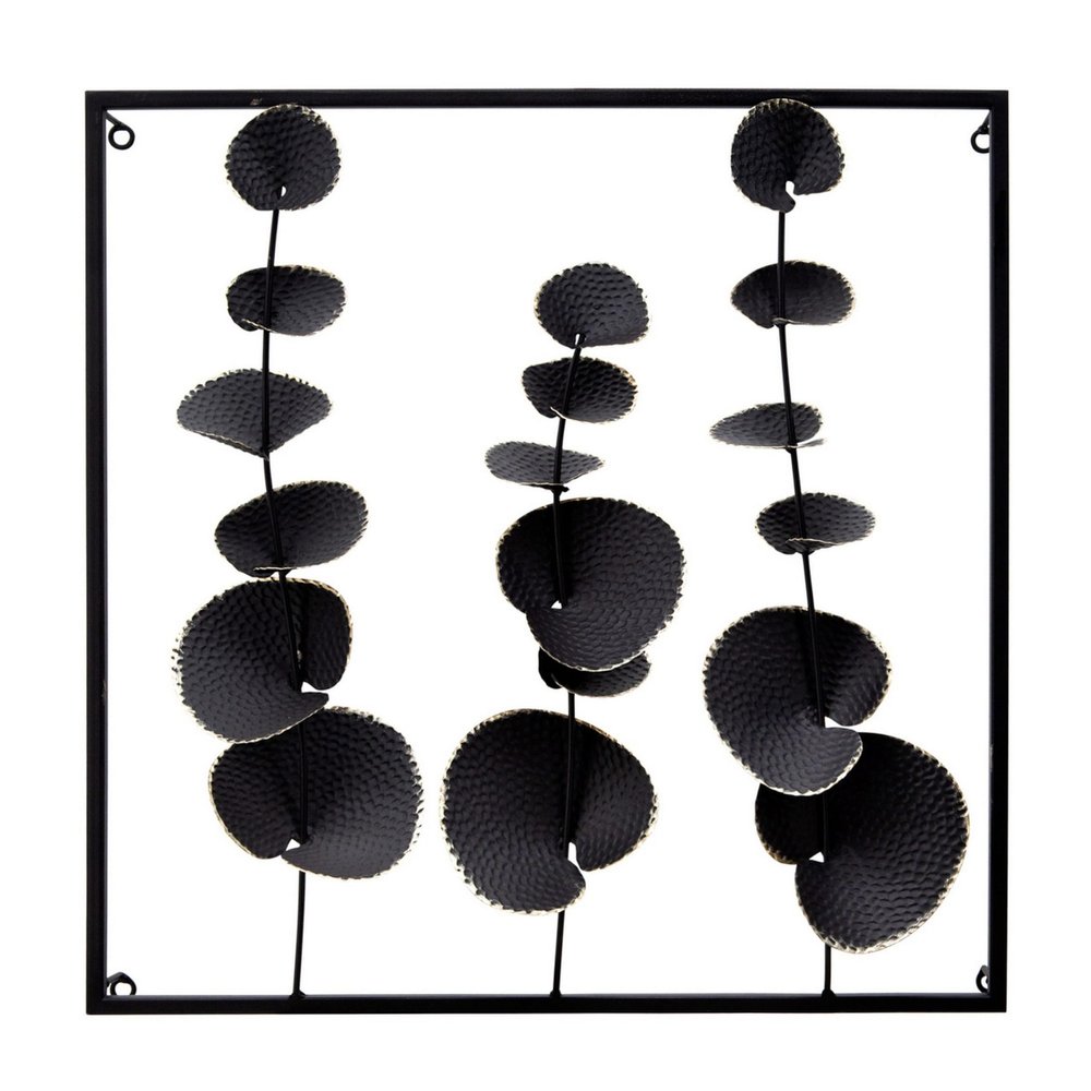 Benjara Wall Decor with Textured Leaves and Metal Frame, Black