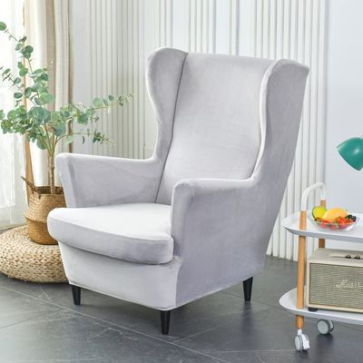 2 Pieces Velvet Wing Back Chair Slipcover,Stretch Soft Chair Cover,Plush Solid Color American Armchair Cover with Cushion Cover for Home Hotel (Light Grey New)