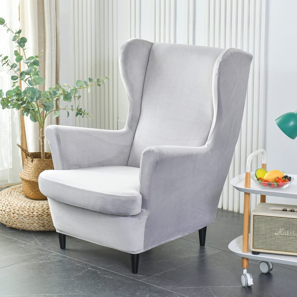 2 Pieces Velvet Wing Back Chair Slipcover,Stretch Soft Chair Cover,Plush Solid Color American Armchair Cover with Cushion Cover for Home Hotel (Light Grey New)