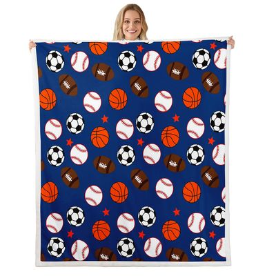 Ball Sports Games Throw Blanket,Baseball Basketball Bed Blanket for Kids Teens Adult Room Decor, Soccer Football Rugby Fleece Blanket Dark Blue Stars Fuzzy Blanket, Throw Size (50 x 60 Inches)