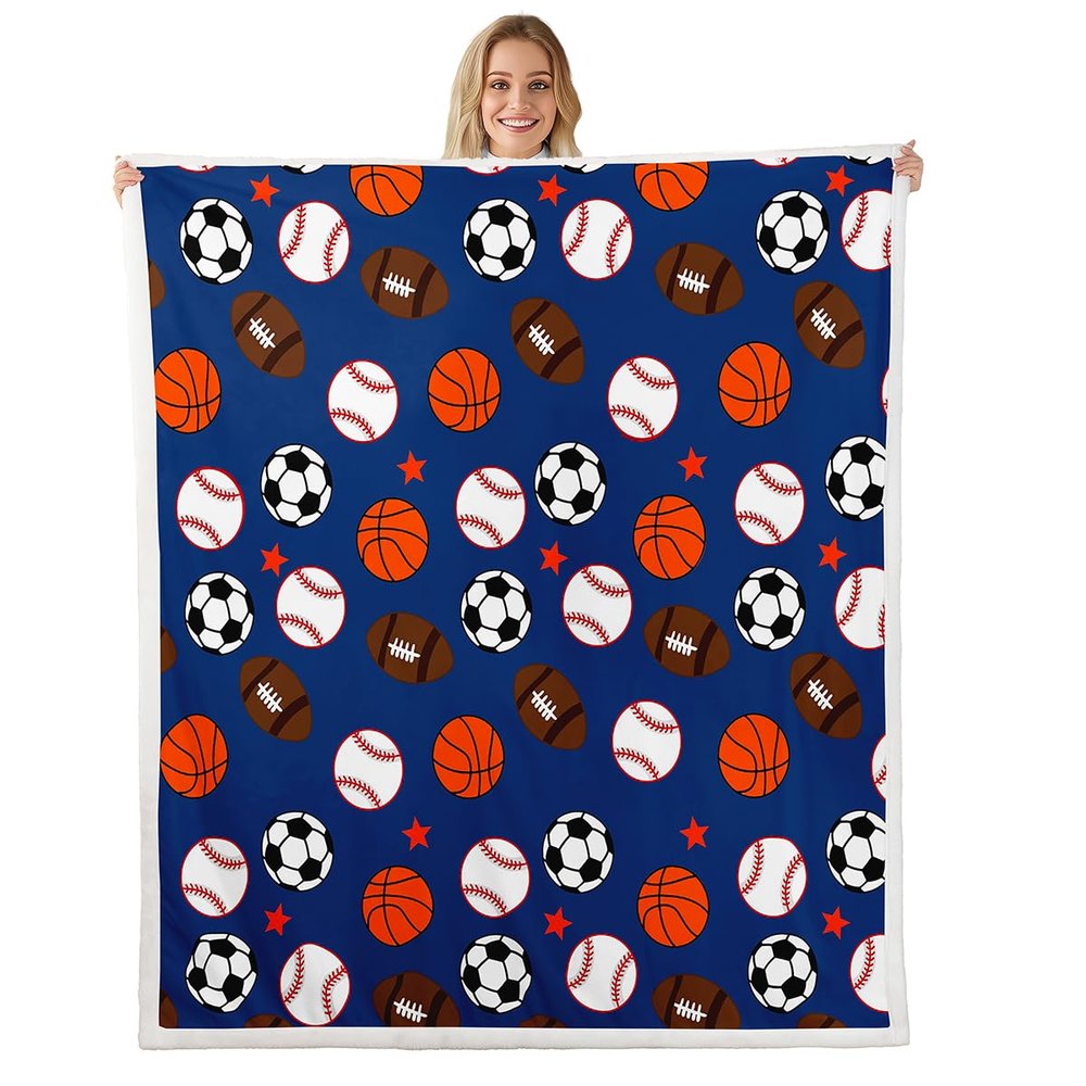 Ball Sports Games Throw Blanket,Baseball Basketball Bed Blanket for Kids Teens Adult Room Decor, Soccer Football Rugby Fleece Blanket Dark Blue Stars Fuzzy Blanket, Throw Size (50 x 60 Inches)