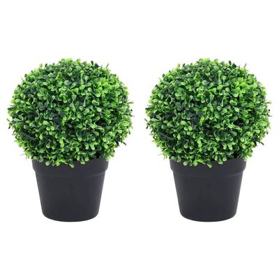 vidaXL 2x Artificial Boxwood Plants with Pots Ball Shaped Outdoor Ball Shaped Realistic Fake Plant Floral Decor Artificial Flower Green