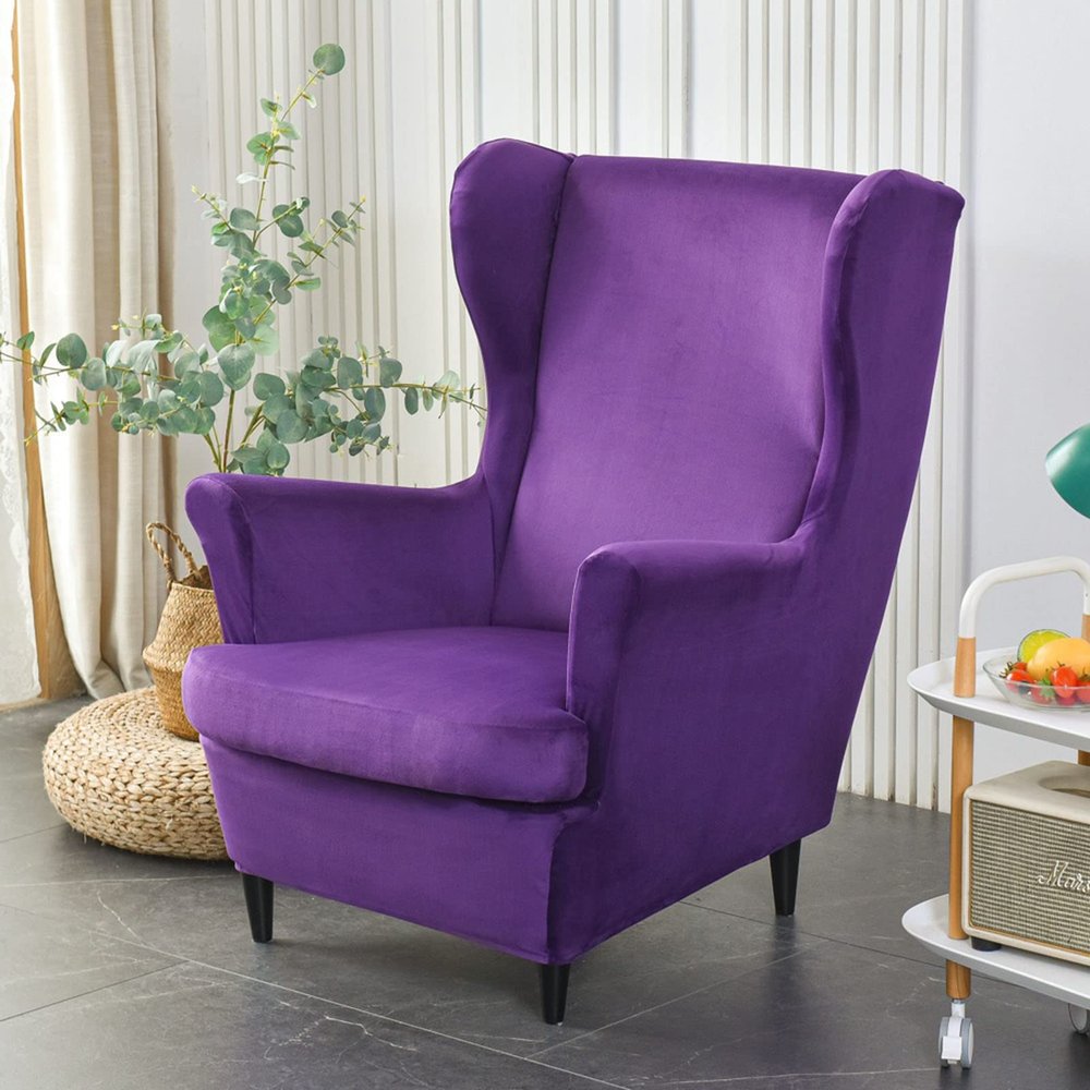2 Pieces Velvet Wing Back Chair Slipcover,Stretch Soft Chair Cover,Plush Solid Color American Armchair Cover with Cushion Cover for Home Hotel (Purple New)