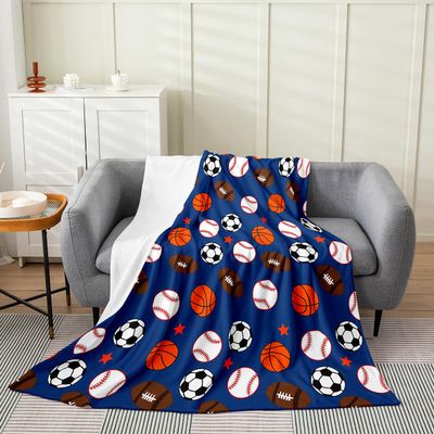 Ball Sports Games Throw Blanket,Baseball Basketball Bed Blanket for Kids Teens Adult Room Decor, Soccer Football Rugby Flannel Blanket Dark Blue Stars Fuzzy Blanket, Throw Size (50 x 60 Inches)