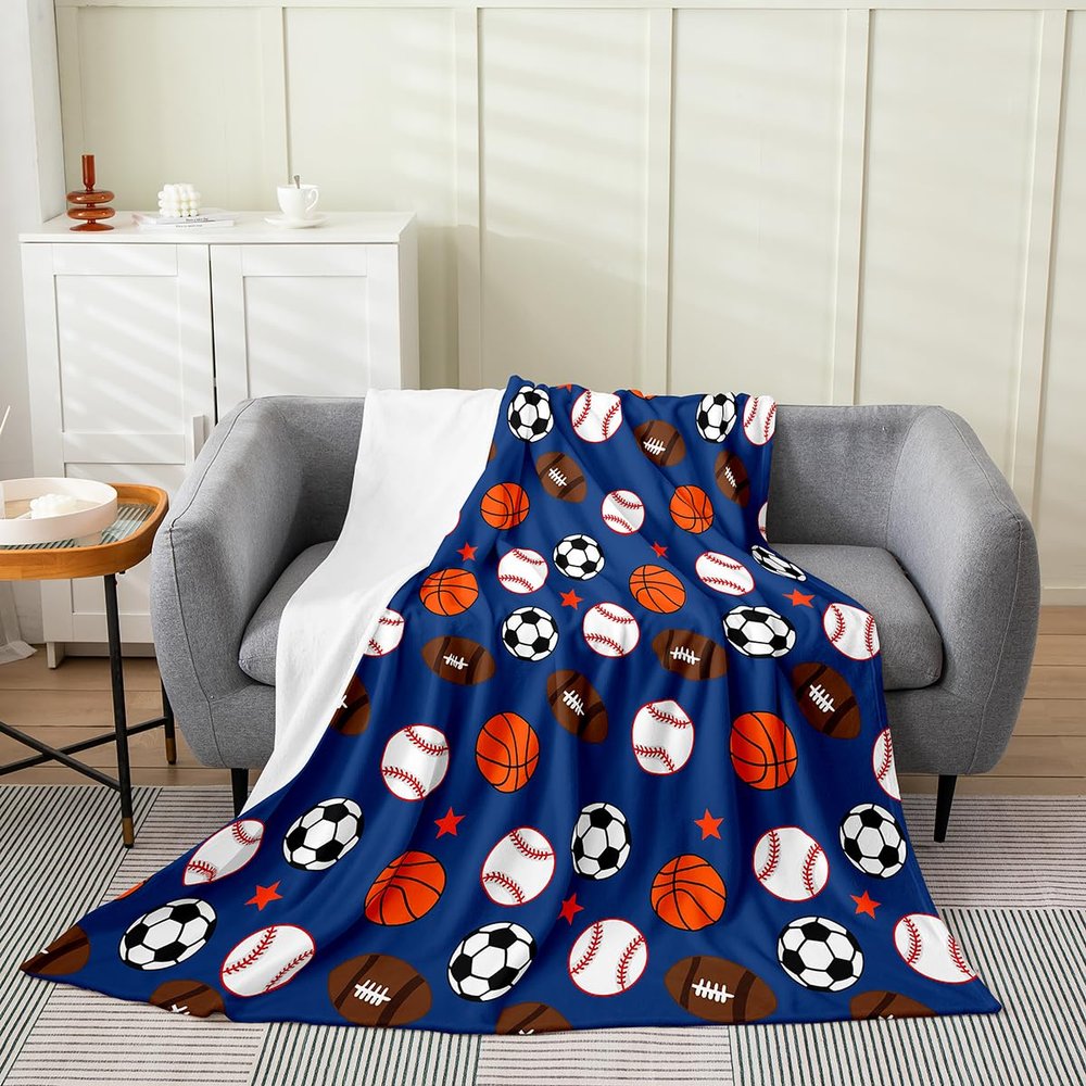Ball Sports Games Throw Blanket,Baseball Basketball Bed Blanket for Kids Teens Adult Room Decor, Soccer Football Rugby Flannel Blanket Dark Blue Stars Fuzzy Blanket, Throw Size (50 x 60 Inches)