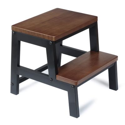RORKEE 2 Step Wooden Step Stools for Adults Non-Slip, Sturdy Bed Steps for High Beds Easy Assembly, Portable Two Step Stool for Kitchen Bathroom Bedroom - Holds Up to 500 Lb(Dark Walnut)