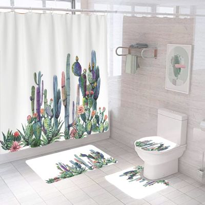 4 Pcs Watercolor Cactus Shower Curtain Set with Non-Slip Rug, Toilet Lid Cover, Bath Mat and 12 Hooks, Tropical Flower Pattern Waterproof Shower Curtain Sets for Bathroom