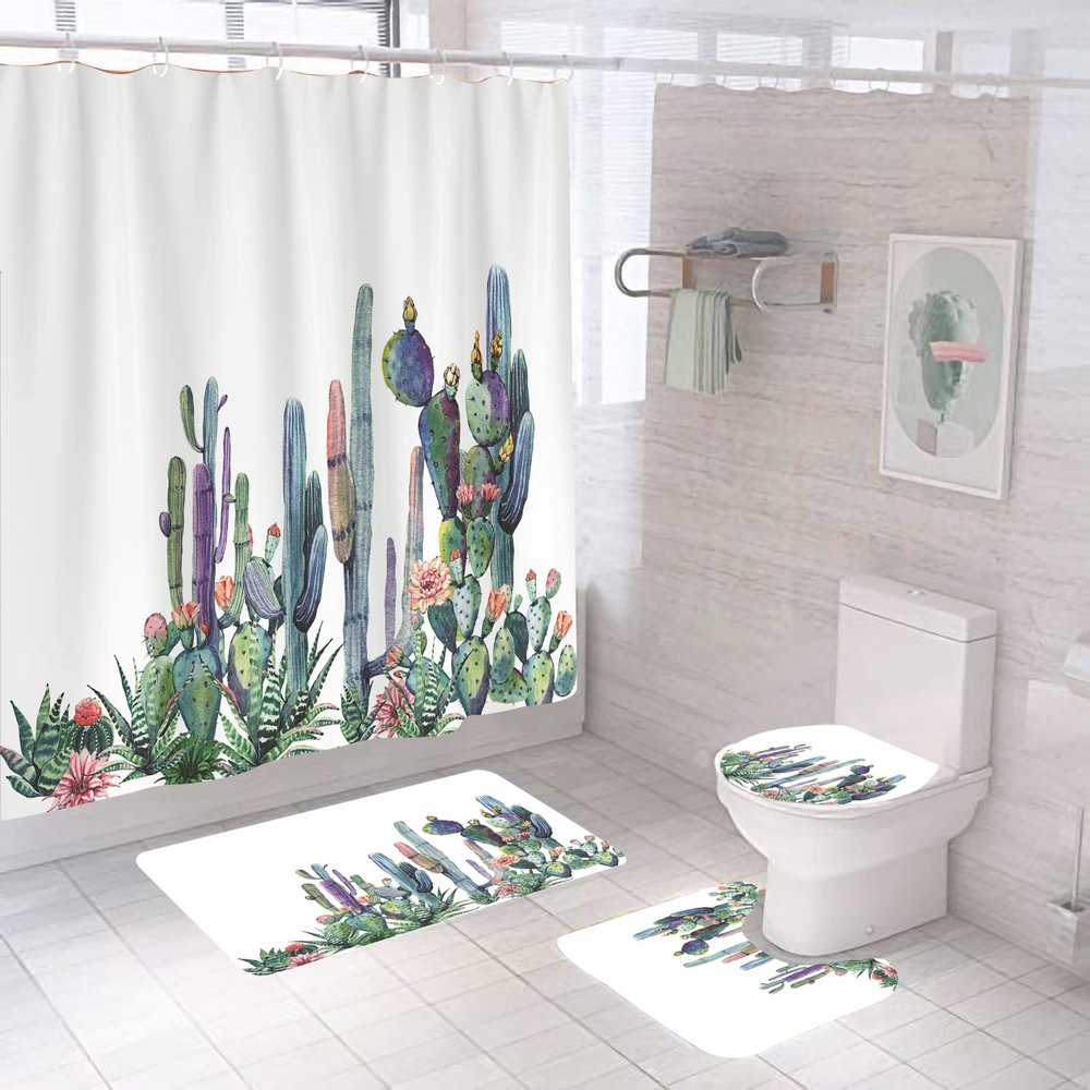 4 Pcs Watercolor Cactus Shower Curtain Set with Non-Slip Rug, Toilet Lid Cover, Bath Mat and 12 Hooks, Tropical Flower Pattern Waterproof Shower Curtain Sets for Bathroom