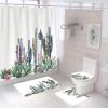 4 Pcs Watercolor Cactus Shower Curtain Set with Non-Slip Rug, Toilet Lid Cover, Bath Mat and 12 Hooks, Tropical Flower Pattern Waterproof Shower Curtain Sets for Bathroom view 1