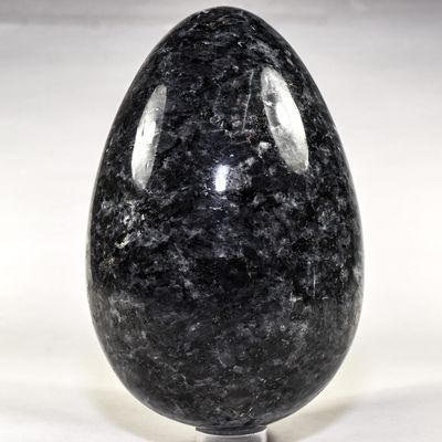 7.3" 8.4lb King Size Larvikite Egg Natural Feldspar Mineral Sparkling Black Moonstone w/Labradorite Crystal Polished Gemstone - India + Wood Stand