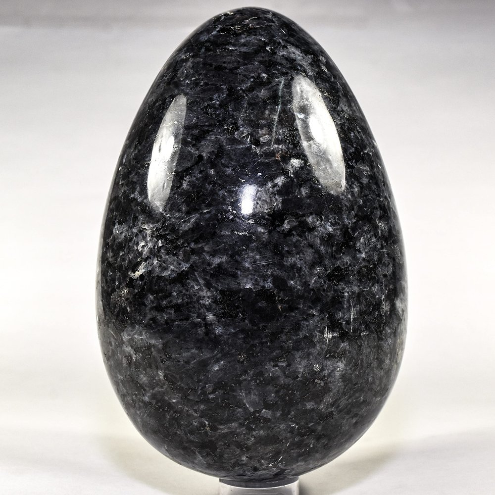 7.3" 8.4lb King Size Larvikite Egg Natural Feldspar Mineral Sparkling Black Moonstone w/Labradorite Crystal Polished Gemstone - India + Wood Stand