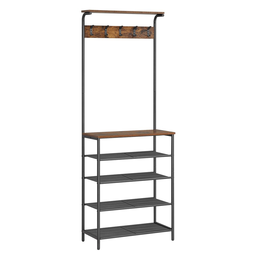 VASAGLE Hall Tree with Shoe Bench, Coat Rack Shoe Bench, 5-Tier Shoe Rack Different Heights, 5 Dual Hooks, Top Shelf, Entryway Organizer, Hallway Bedroom Dorm, Rustic Brown and Black UHSR412B01