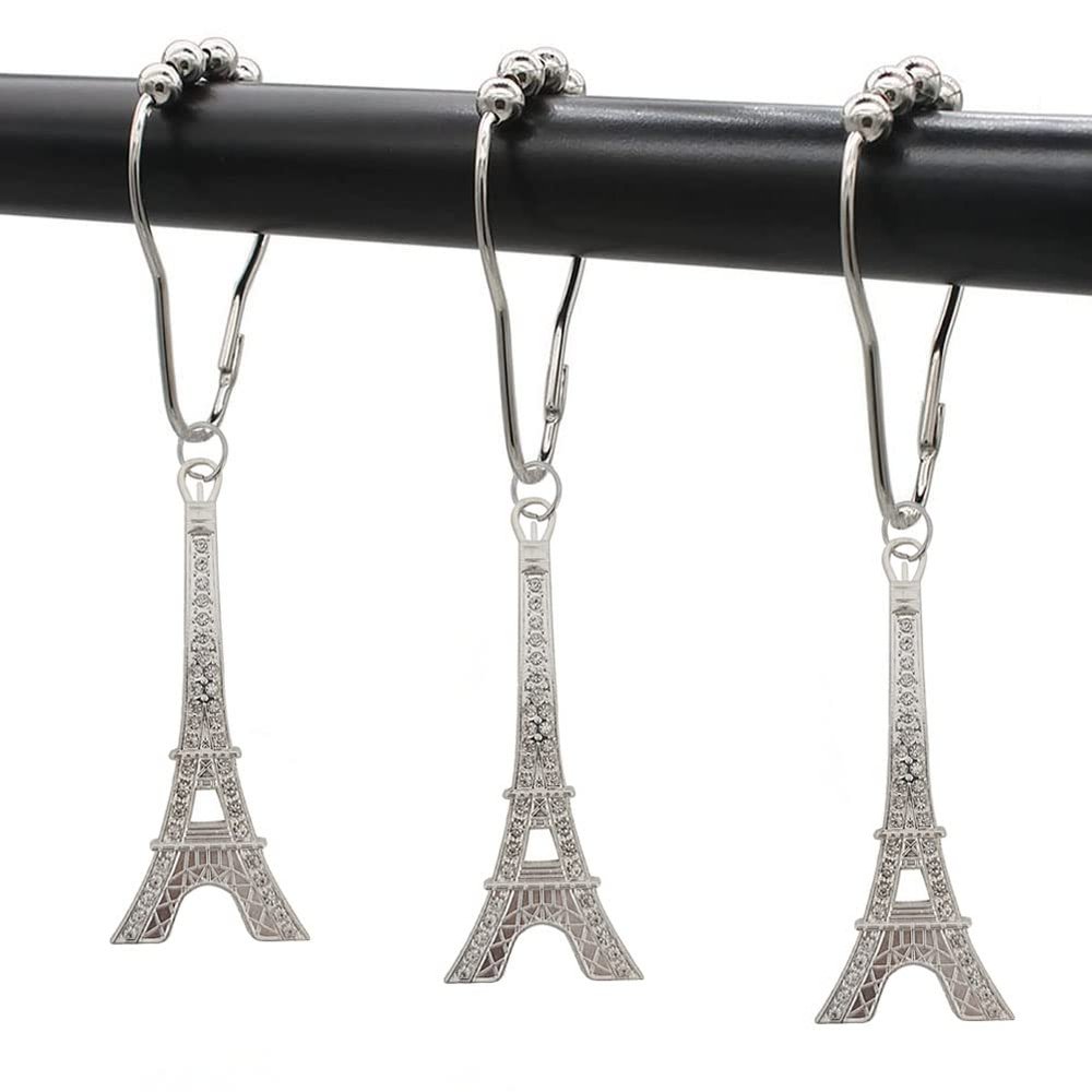 brandname Eiffel Tower Shower Curtain Hooks Rust Proof - Paris Decor for Bathroom - Stainless Steel Decorative Curtain Rings Set of 12