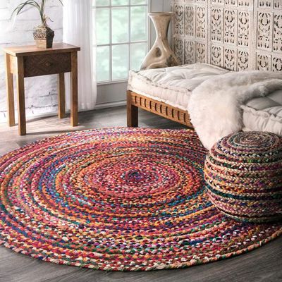 100% Cotton Farmhouse Rugs for Living Area Rug Hand Braided Round Rustic Rugs for Bedroom, Kitchen, Living Room Diamond Rug Carpet (2x2 Square Feet (60x60 Cm), Multicolored)