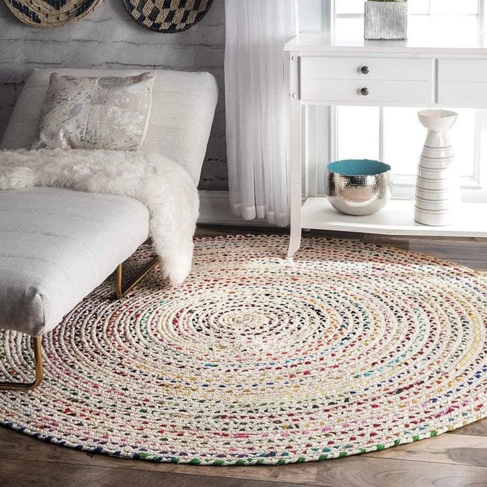 100% Cotton Farmhouse Rugs for Living Area Rug Hand Braided Round Rustic Rugs for Bedroom, Kitchen, Living Room Diamond Rug Carpet (4x4 Square Feet (120x120 Cm), White)