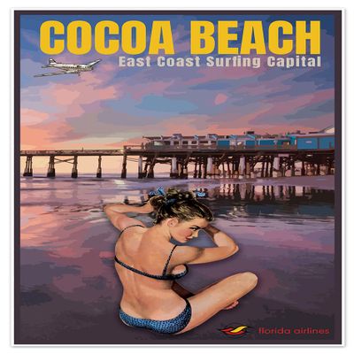 Antiguos Maps Cocoa Beach Florida Travel Print - Vintage Style Airlines Poster - Shows Canaveral Pier and a Bikini Clad Pinup Girl on the Beach at Sunset (PolyPro Paper, 24 inches x 36 inches)