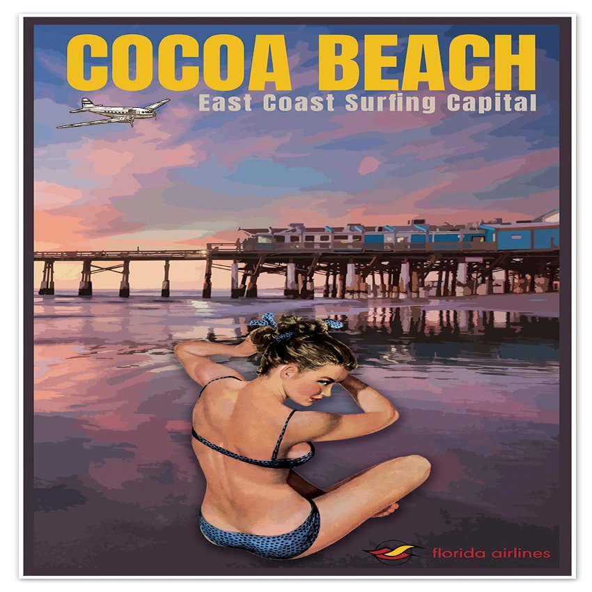 Antiguos Maps Cocoa Beach Florida Travel Print - Vintage Style Airlines Poster - Shows Canaveral Pier and a Bikini Clad Pinup Girl on the Beach at Sunset (PolyPro Paper, 24 inches x 36 inches)