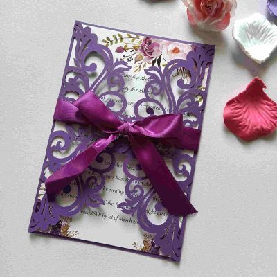 25PCS Dark Purple Laser Cut Wedding Invitations Cards with Envelopes,Blank Inner Sheets,Ribbons for Wedding Bridal Shower Quinceaera Engagement Birthday Invites