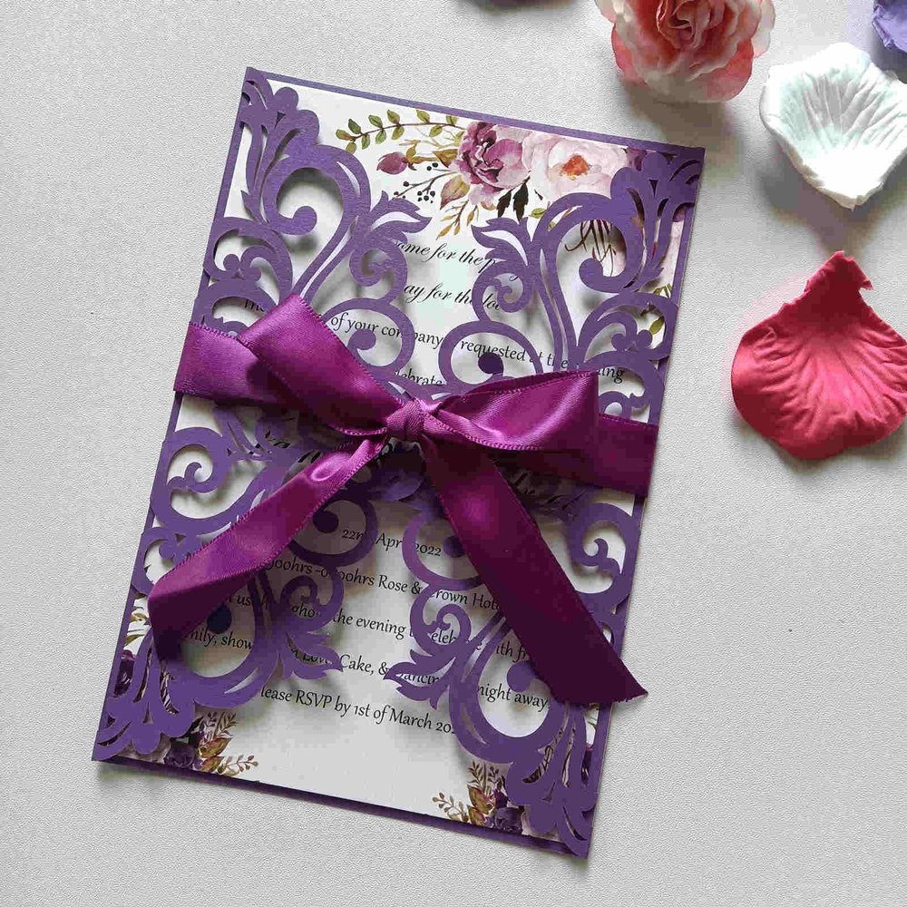 25PCS Dark Purple Laser Cut Wedding Invitations Cards with Envelopes,Blank Inner Sheets,Ribbons for Wedding Bridal Shower Quinceaera Engagement Birthday Invites