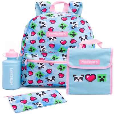 Minecraft Backpack and Lunch Box Set for Girls | Kids 4 Piece Creeper Panda Hearts Blue School Rucksack, Lunch Bag, Pencil Case, Water Bottle One Size