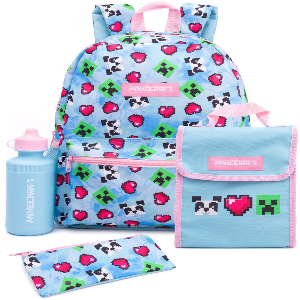 Minecraft Backpack and Lunch Box Set for Girls | Kids 4 Piece Creeper Panda Hearts Blue School Rucksack, Lunch Bag, Pencil Case, Water Bottle One Size