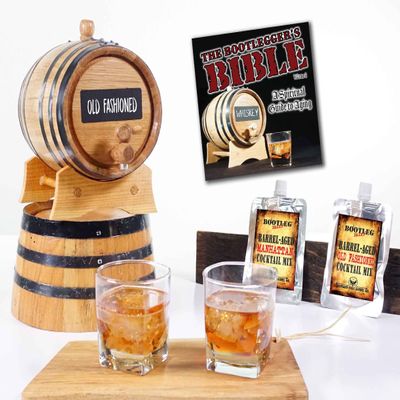 2 Liter Whiskey Barrel Cocktail Aging Kit - 2L Mini Bourbon Barrels Complete with Chalkboard Barrel Front, Stand, Bung, Oak Spigot, Chalk, Cocktail Mix & Bonus Book - Whiskey Making Gifts for Men