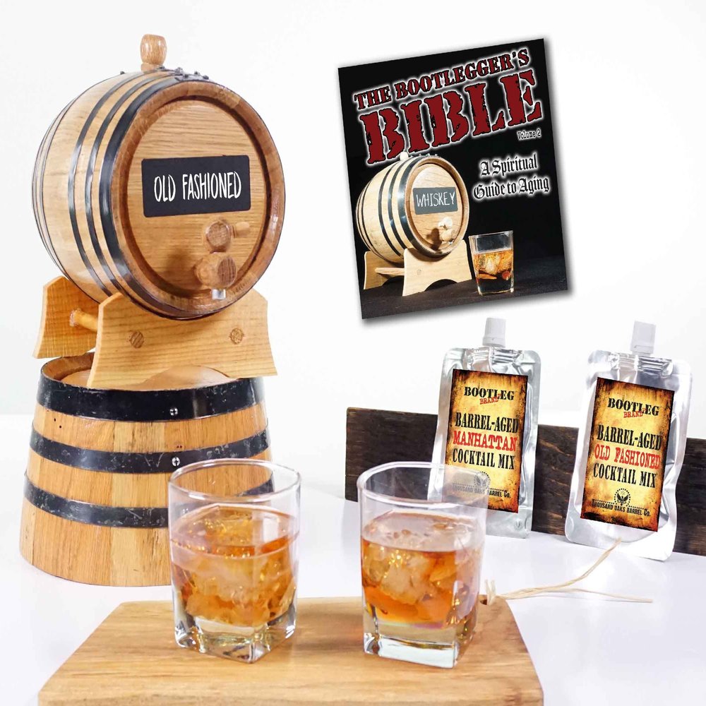 2 Liter Whiskey Barrel Cocktail Aging Kit - 2L Mini Bourbon Barrels Complete with Chalkboard Barrel Front, Stand, Bung, Oak Spigot, Chalk, Cocktail Mix & Bonus Book - Whiskey Making Gifts for Men
