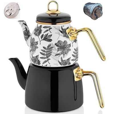 Vintage Turkish Teapot Tea Pots Kettle Set for Stovetop Stove Top Decorative Infuser Party Cups Glasses Floral Unique Boiler Samovar Strainer Loose Leaf Kitchen Style Enamel Decor (White-Black)
