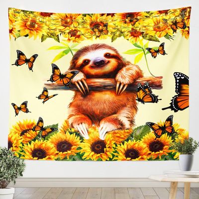 Feelyou Cute Sloth Wall Tapestry Sunflower Sloth Tapestry for Kids Boys Girls Butterfly Tapestry Wall Hanging Botanical Floral Wall Art for Bedroom Living Room,Small 51x59 Inches
