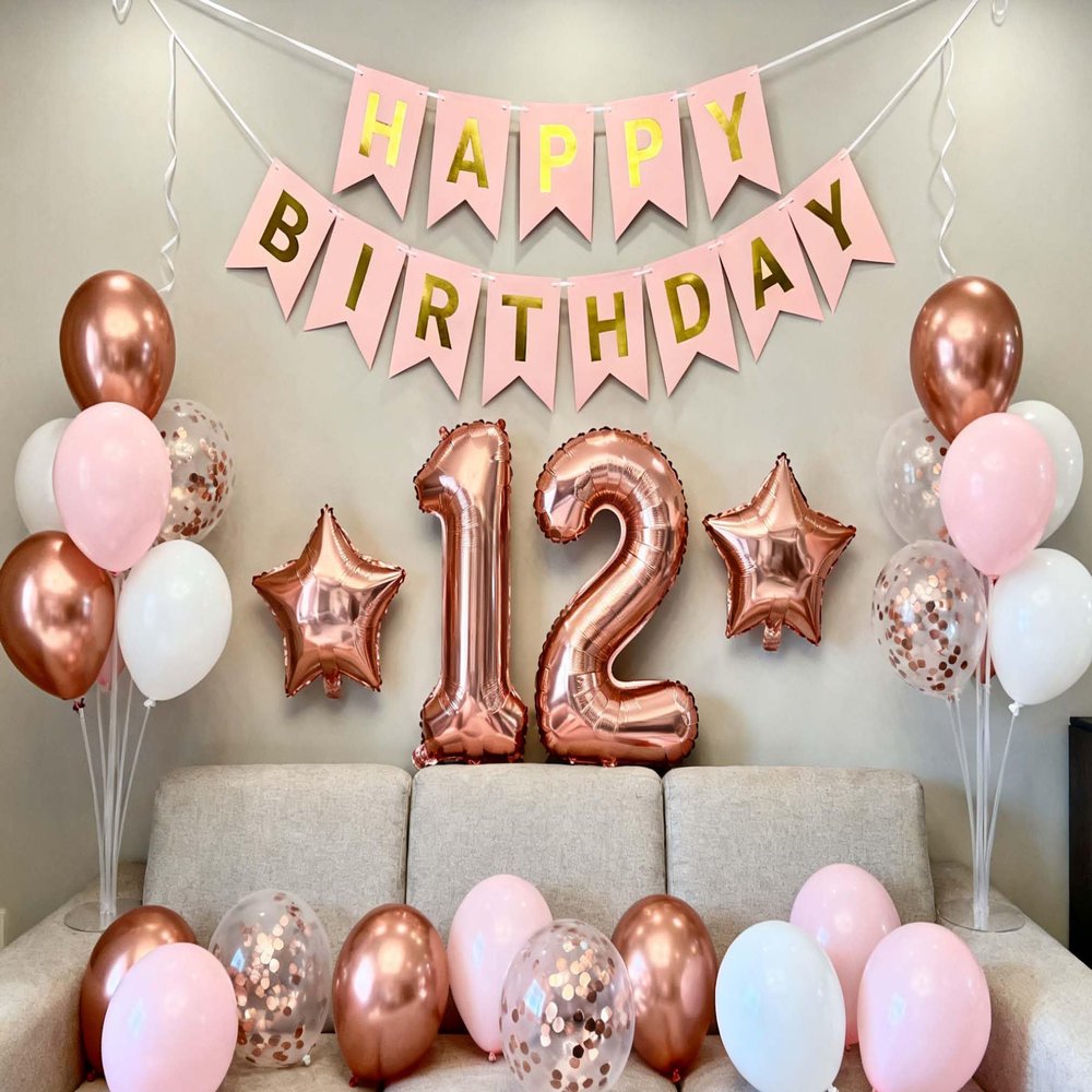 12th Birthday Party Decorations Rose Gold for Girls, Happy Birthday Banner Rose Gold Number 12 Balloons Star Foil Confetti Balloons for Girls Her Daughter 12 Year Old(12th)