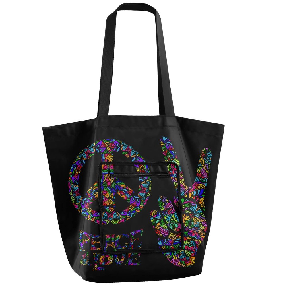 ALAZA Hippie Peace and Love Large Tote Bag Reusable Grocery Bag Foldable Shoulder Shopping Lightweight Bag with Handles for Outdoors Picnic Travel