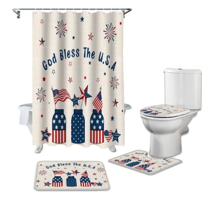 ALAGEO Independence Day Shower Curtain Sets 4 Piece American Flag Patriotic Bathroom Mat Sets Stripes Stars Bottle Bathroom Decor Set U Shape Rug, Toilet Lid Cover, Non Slip Rug for July 4th Holiday