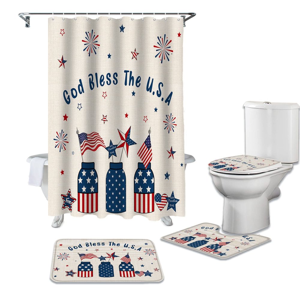 ALAGEO Independence Day Shower Curtain Sets 4 Piece American Flag Patriotic Bathroom Mat Sets Stripes Stars Bottle Bathroom Decor Set U Shape Rug, Toilet Lid Cover, Non Slip Rug for July 4th Holiday