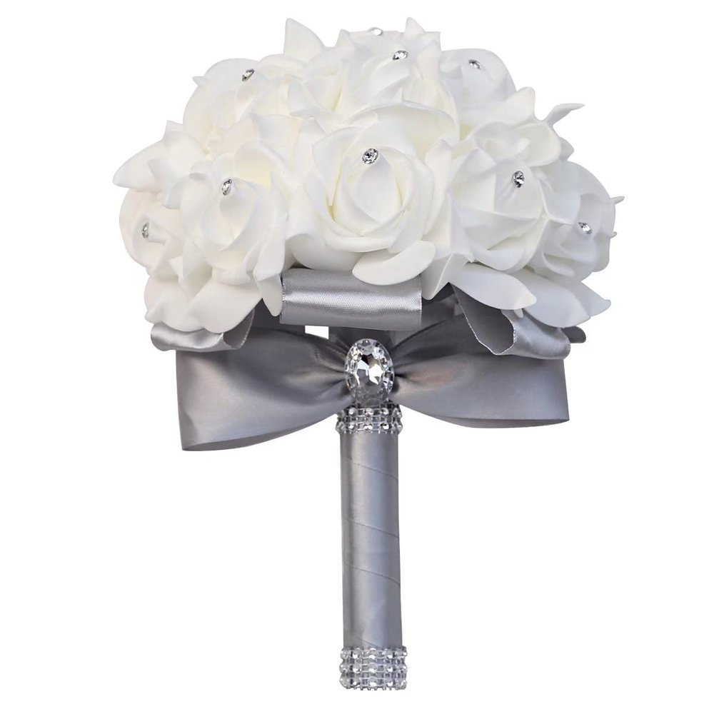 Wedding Bouquets for Brides or Bridesmaid, Crystals Silk Rose Bride Bridesmaid Hand Holding Bouquet White Artificial Flowers for Home Party Wedding Decoration