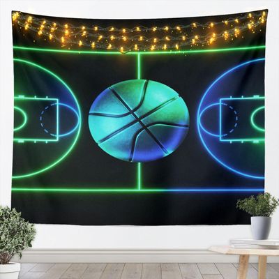 Basketball Tapestry,Sports Games Wall Hanging Art for Kids Teens Boys,Green Blue Neon Geometric Lines Basketball Court Pattern Wall Blanket for Living Room Bedroom Decor,Black,(70.9x92.5)