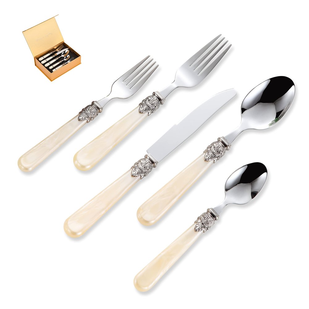 CATHYLIN REVERIE Collection 18/10 Stainless Steel Vintage Flatware set,Sliverware set,Dishwasher safe (30, Champagne)