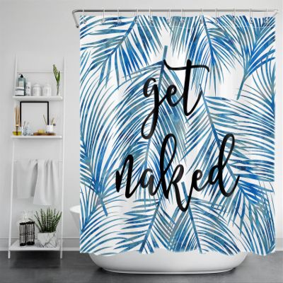 LB Funny Get Naked Shower Curtain, Blue Plam Leaf Shower Curtain for Bathroom Tropical Jungle Plant Home Bathtubs Bathroom Curtain Decoration Set with 12 Hooks, 72"x 78"
