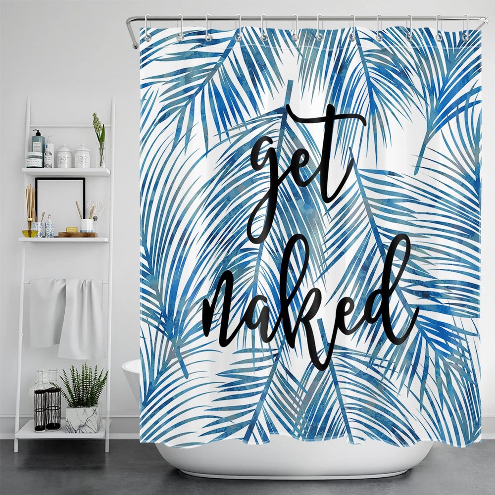 LB Funny Get Naked Shower Curtain, Blue Plam Leaf Shower Curtain for Bathroom Tropical Jungle Plant Home Bathtubs Bathroom Curtain Decoration Set with 12 Hooks, 72"x 78"