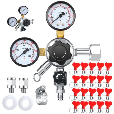 CGA-320 Keg Regulator with 20 Pcs Beer Line Clamps 10-16 mm/ 0.39-0.6 Inch Co2 Draft Beer Dispensing Regulator Pressure Adjustment Knob Safety Pressure Relief Valve 2 Swivel Nut 1/4, 5/16 Inch Barb