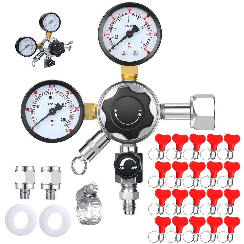CGA-320 Keg Regulator with 20 Pcs Beer Line Clamps 10-16 mm/ 0.39-0.6 Inch Co2 Draft Beer Dispensing Regulator Pressure Adjustment Knob Safety Pressure Relief Valve 2 Swivel Nut 1/4, 5/16 Inch Barb