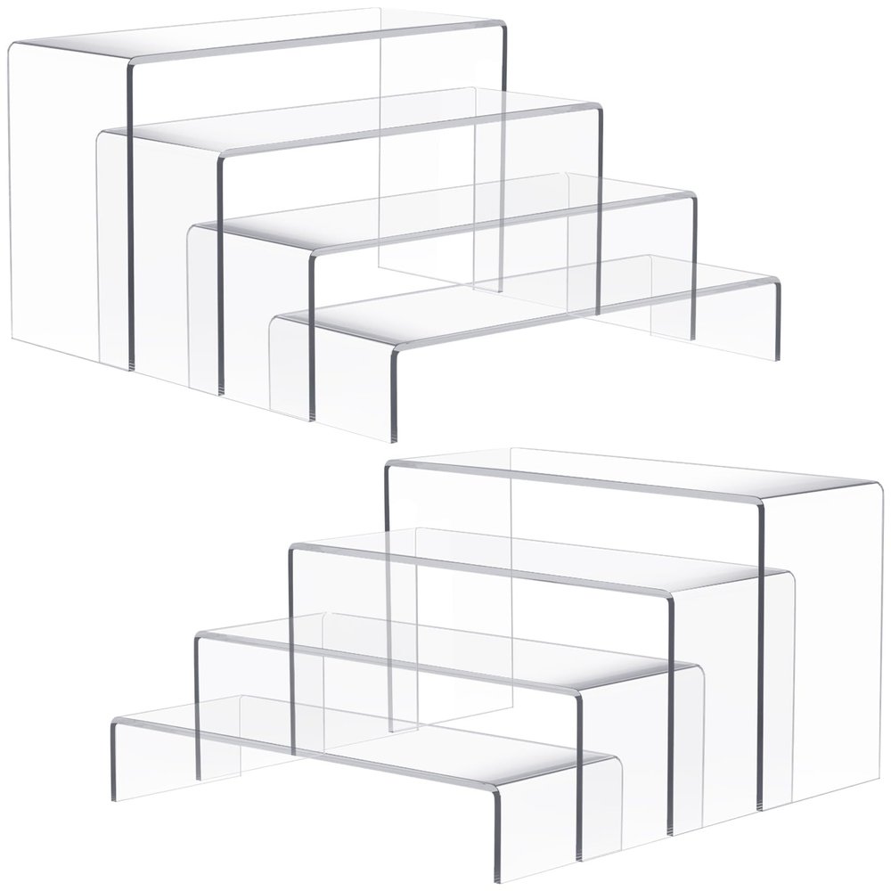 Anglelife 8 Pieces 2 Set (7L~8L~9L) Large Display Risers, 4" Wide Clear Rectangular Stand Shelf for Showcase Collectibles, Acrylic Cake Shelves for Retail Desktop Jewelry Funko Pop Figures