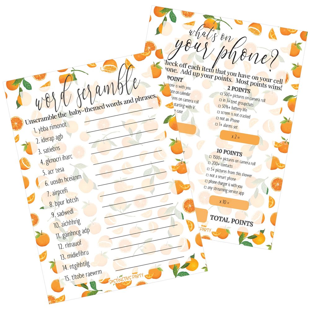DISTINCTIVS Orange Little Cutie Baby Shower Games, What's On Your Phone and Word Scramble, 2 Game Bundle - 20 Dual Sided Cards, Cutie Gender Reveal Party