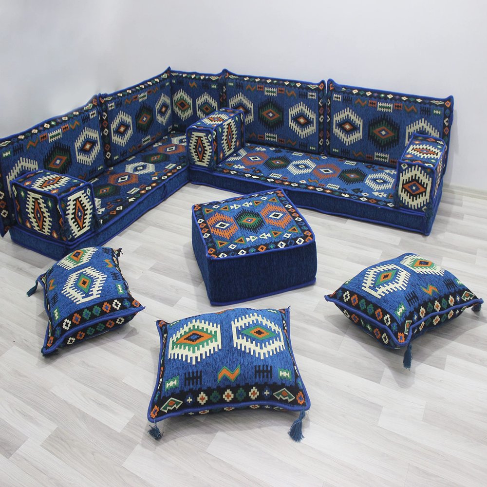 Handmade Sofa Set, Floor Cushions, Arabic Majlis, Living Room Sofa, Corner Sofa, Floor Couch, Sectional Sofa, Turkish Rug (L Sofa + Ottoman + Pillows)